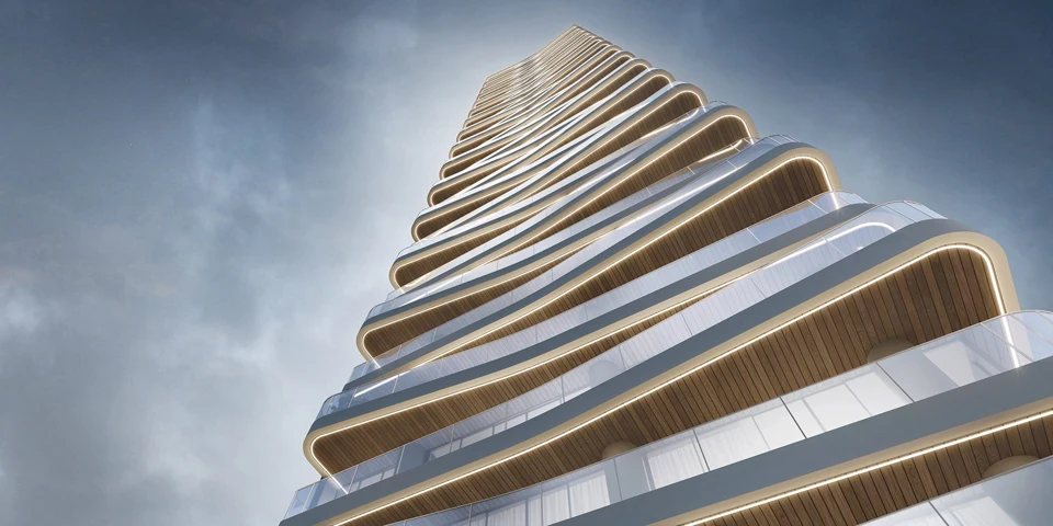 Imagem de divulgação Opus de uma torre contemporânea vista de baixo, com varandas curvas e vidro.