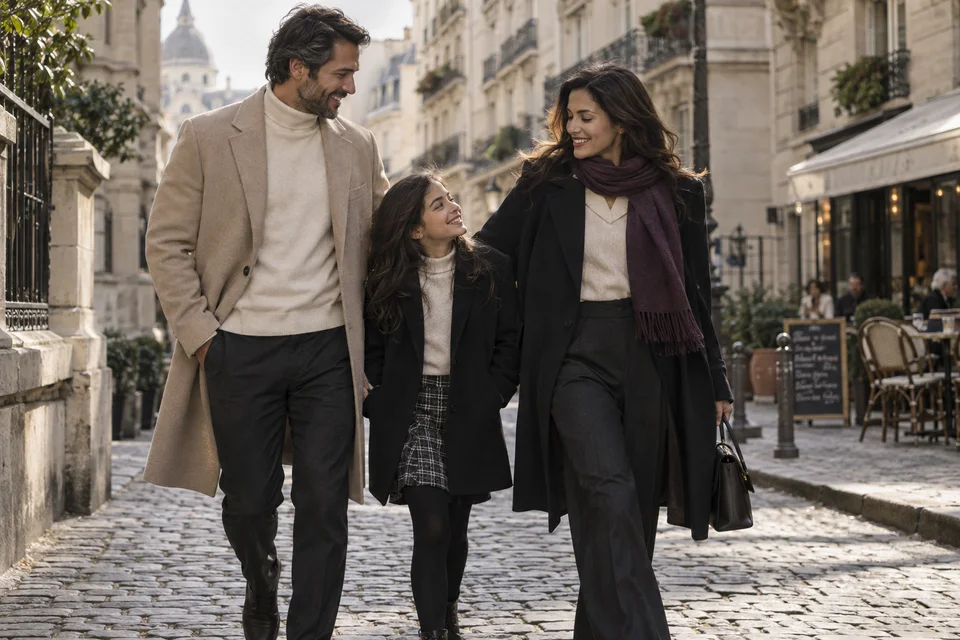 Família passeando por uma rua de arquitetura europeia, em roupas neutras com um cachecol roxo.