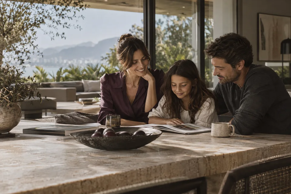 Família lendo em uma mesa de pedra de uma residência sofisticada, com luz natural e roupa roxa discreta.