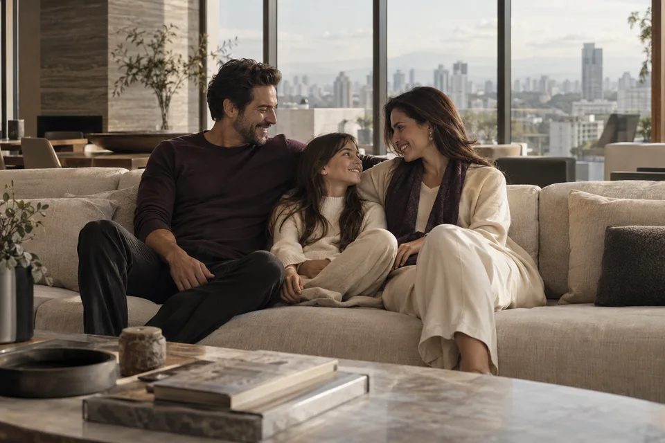 Família em uma sala contemporânea ampla, com vista urbana, materiais naturais e roupas de cores contidas.