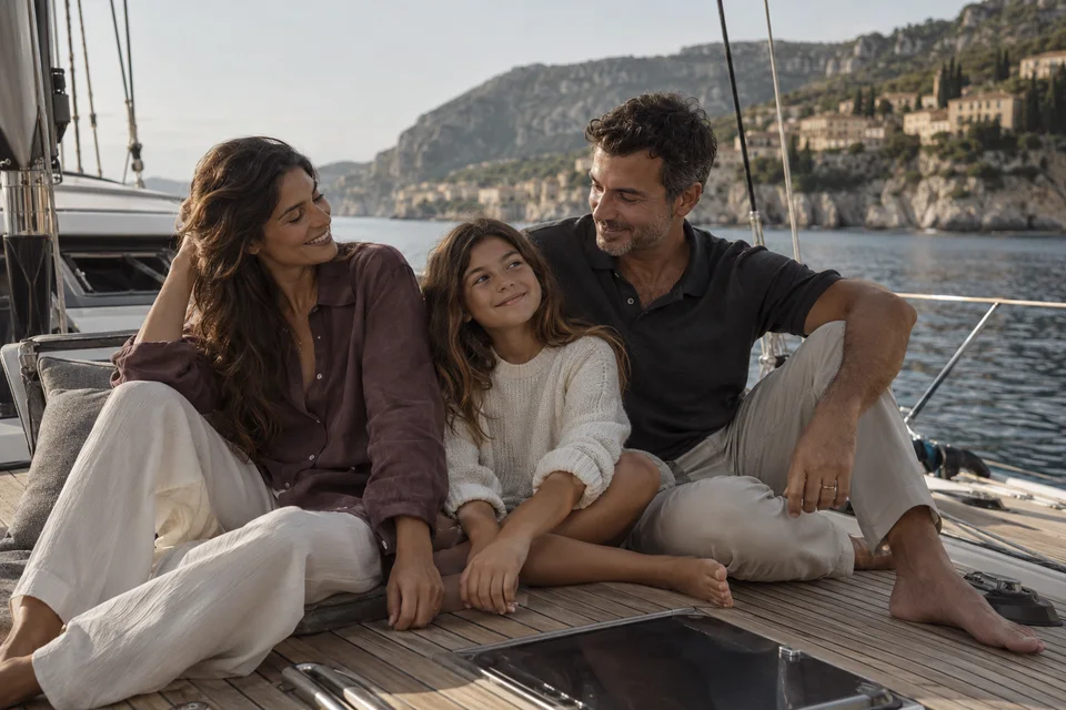 Família em um veleiro próximo a uma costa europeia, em roupas neutras com um detalhe roxo discreto.