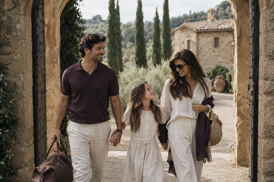 Família caminhando pela entrada de uma vila europeia de pedra, em roupas de linho e um polo roxo discreto.