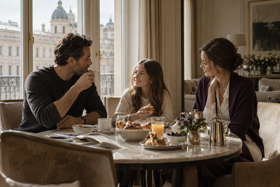 Família tomando café da manhã em uma suíte com grandes janelas e vista para arquitetura europeia.